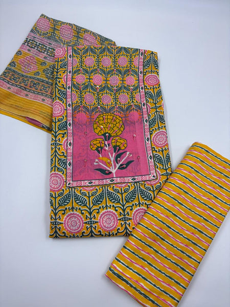 Morden Super Yellow Floral Printed Cotton Unstitched Suit Set with Dupatta