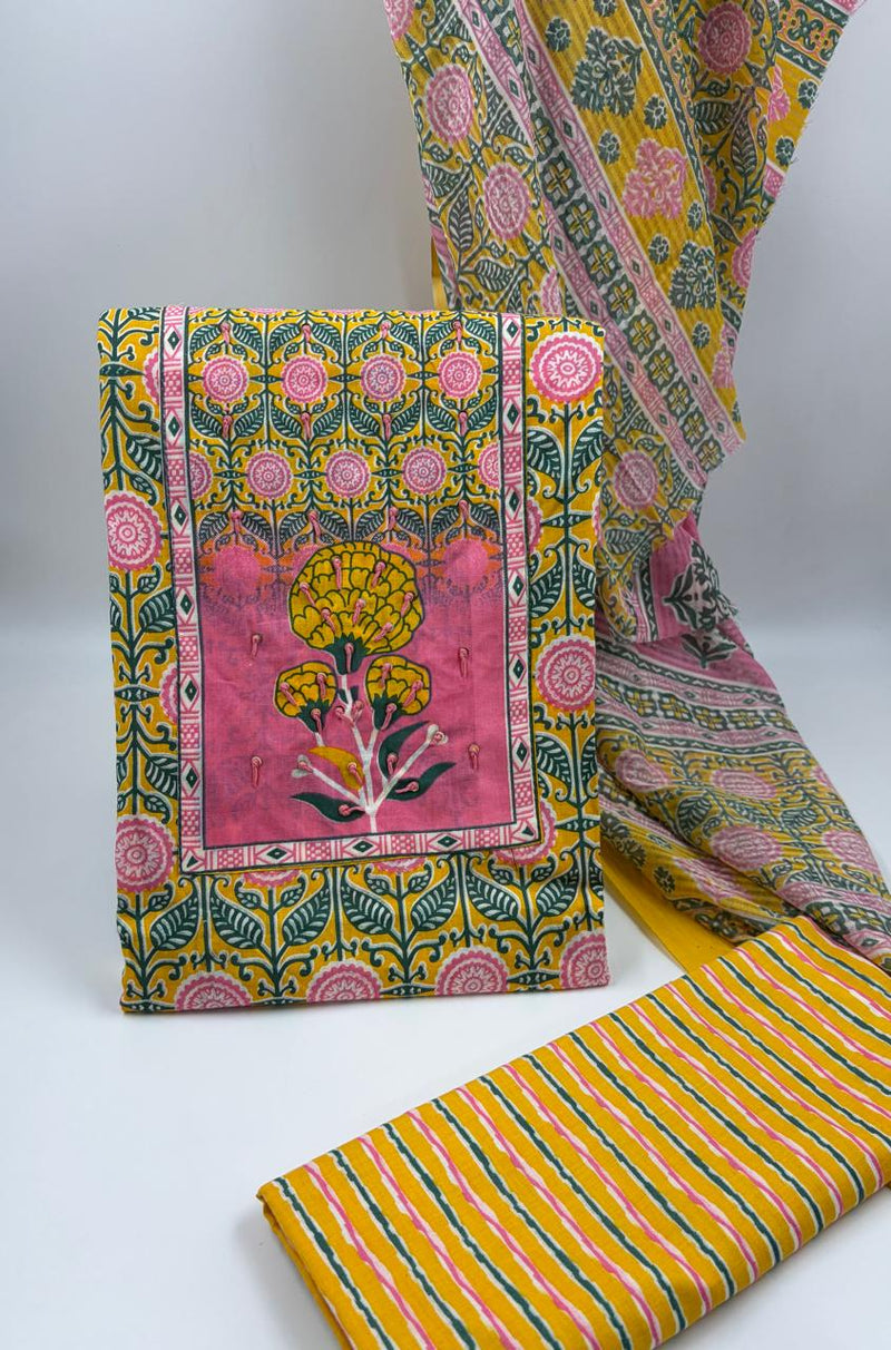Morden Super Yellow Floral Printed Cotton Unstitched Suit Set with Dupatta