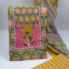 Morden Super Yellow Floral Printed Cotton Unstitched Suit Set with Dupatta