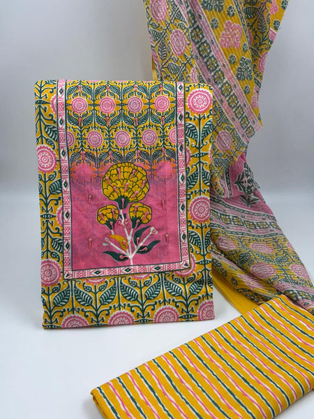 Morden Super Yellow Floral Printed Cotton Unstitched Suit Set with Dupatta