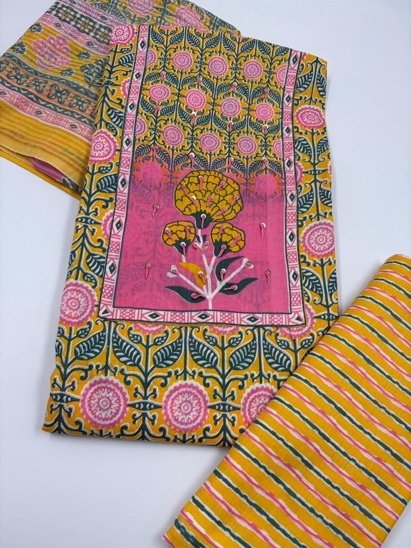 Morden Super Yellow Floral Printed Cotton Unstitched Suit Set with Dupatta