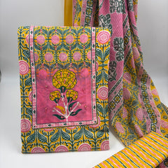 Morden Super Yellow Floral Printed Cotton Unstitched Suit Set with Dupatta