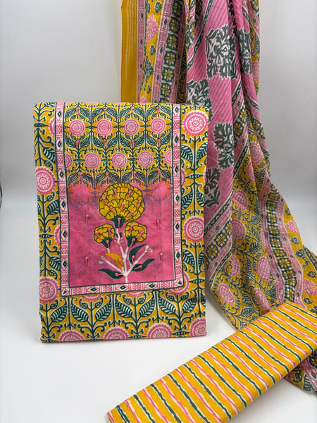 Morden Super Yellow Floral Printed Cotton Unstitched Suit Set with Dupatta