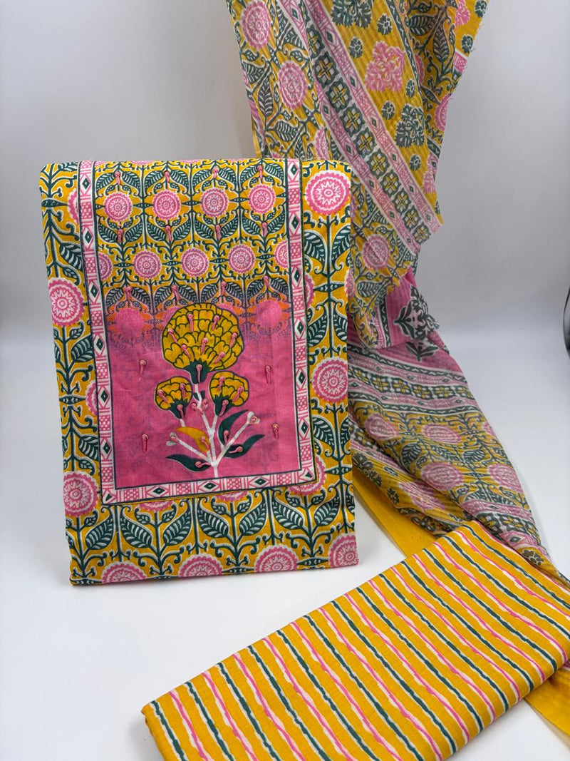Morden Super Yellow Floral Printed Cotton Unstitched Suit Set with Dupatta
