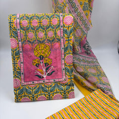 Morden Super Yellow Floral Printed Cotton Unstitched Suit Set with Dupatta