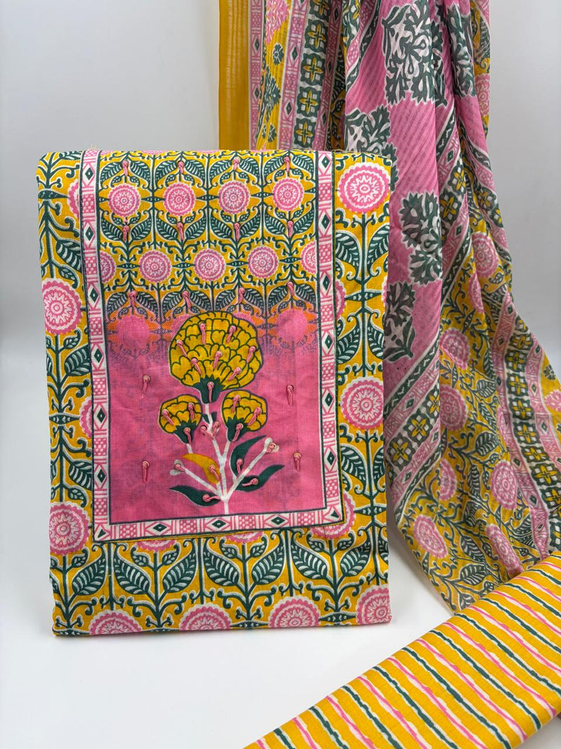 Morden Super Yellow Floral Printed Cotton Unstitched Suit Set with Dupatta
