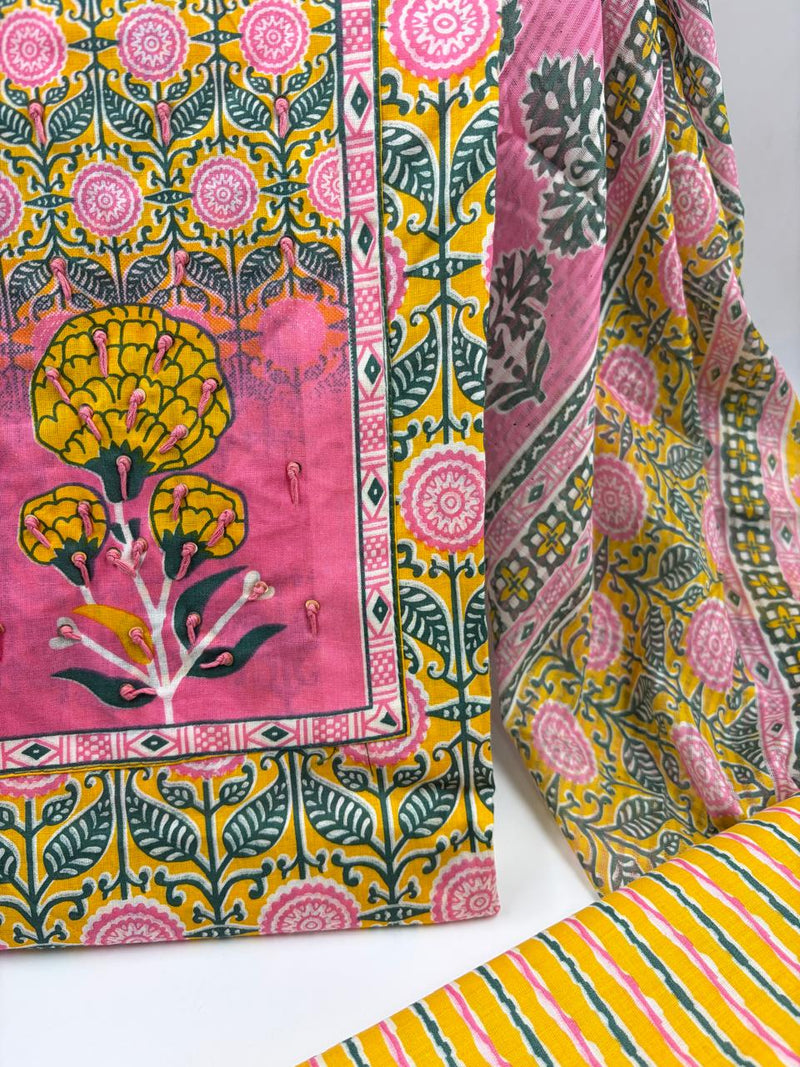 Morden Super Yellow Floral Printed Cotton Unstitched Suit Set with Dupatta