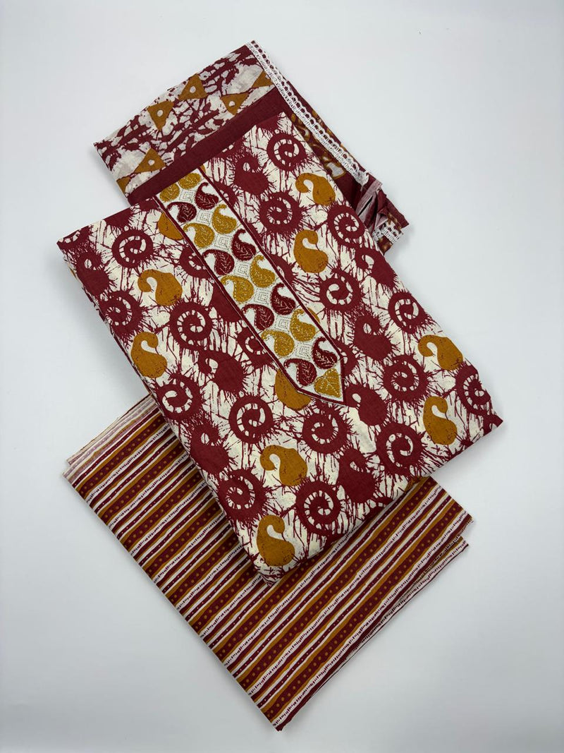 Morden Super Maroon Batik Printed Cotton Unstitched Suit Set with Dupatta