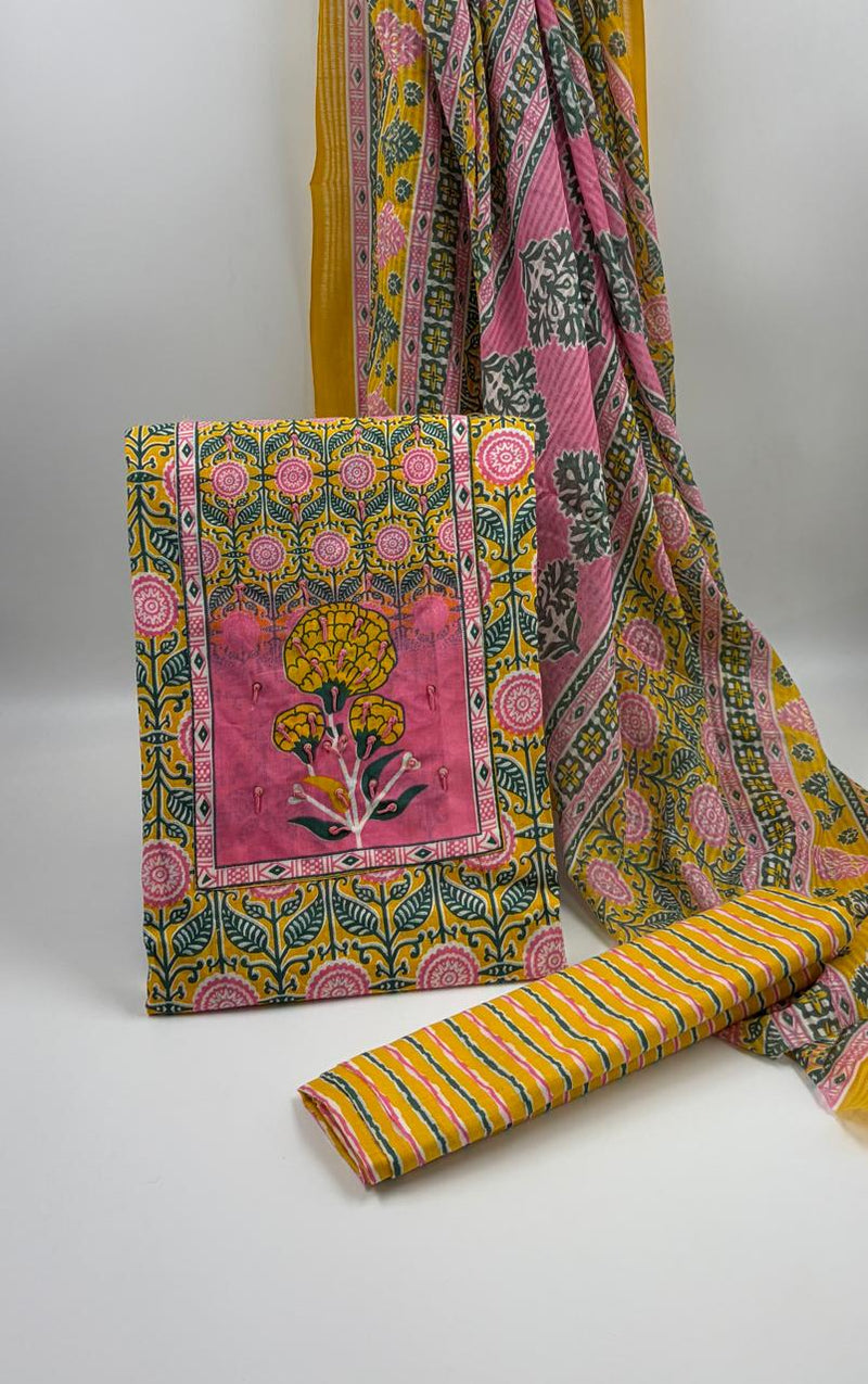 Morden Super Yellow Floral Printed Cotton Unstitched Suit Set with Dupatta