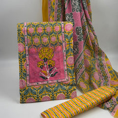 Morden Super Yellow Floral Printed Cotton Unstitched Suit Set with Dupatta