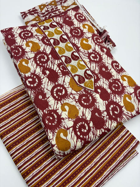 Morden Super Maroon Batik Printed Cotton Unstitched Suit Set with Dupatta