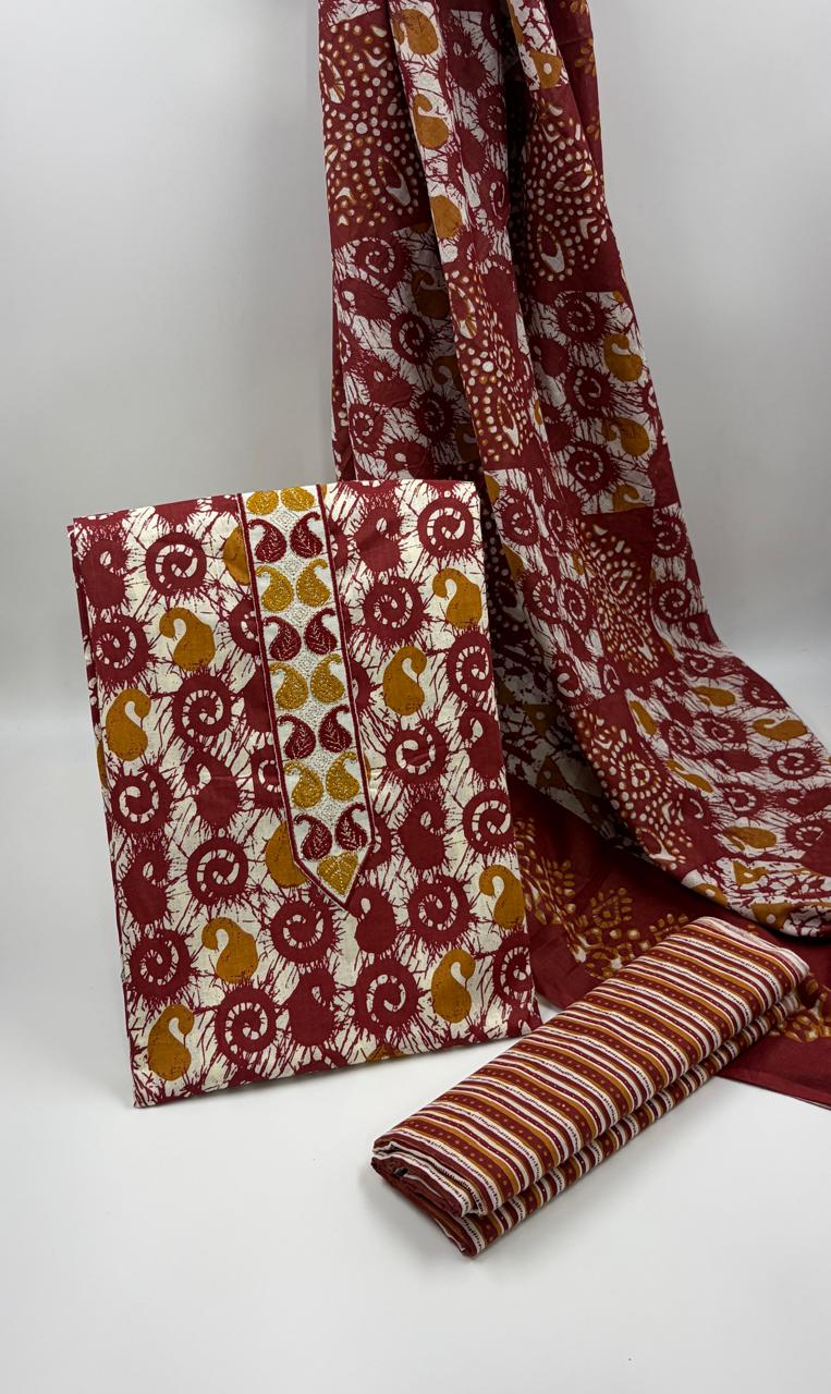 Morden Super Maroon Batik Printed Cotton Unstitched Suit Set with Dupatta