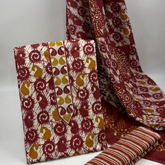 Morden Super Maroon Batik Printed Cotton Unstitched Suit Set with Dupatta