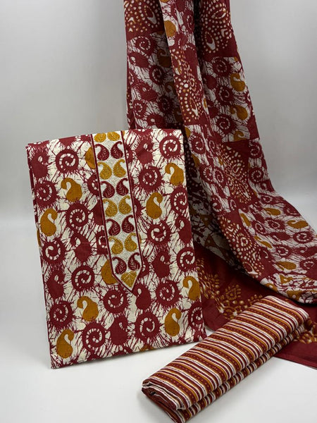 Morden Super Maroon Batik Printed Cotton Unstitched Suit Set with Dupatta