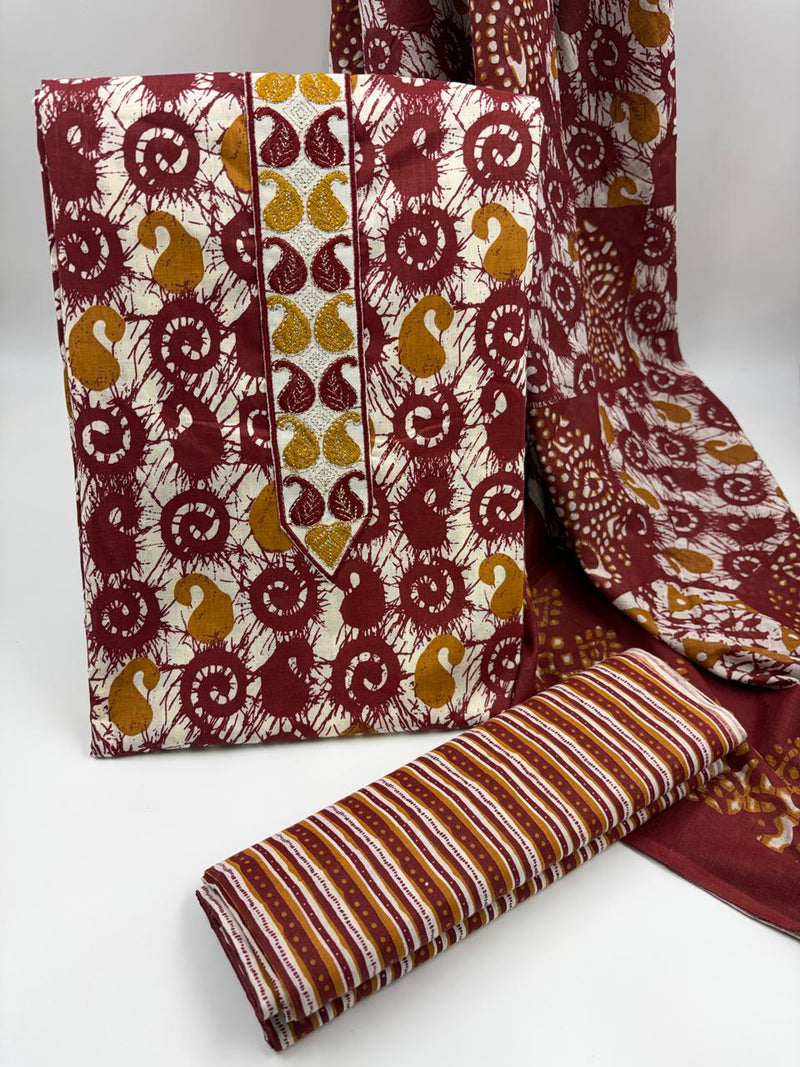 Morden Super Maroon Batik Printed Cotton Unstitched Suit Set with Dupatta