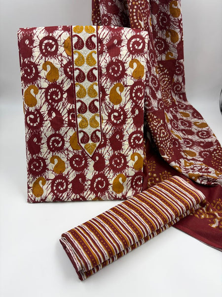 Morden Super Maroon Batik Printed Cotton Unstitched Suit Set with Dupatta