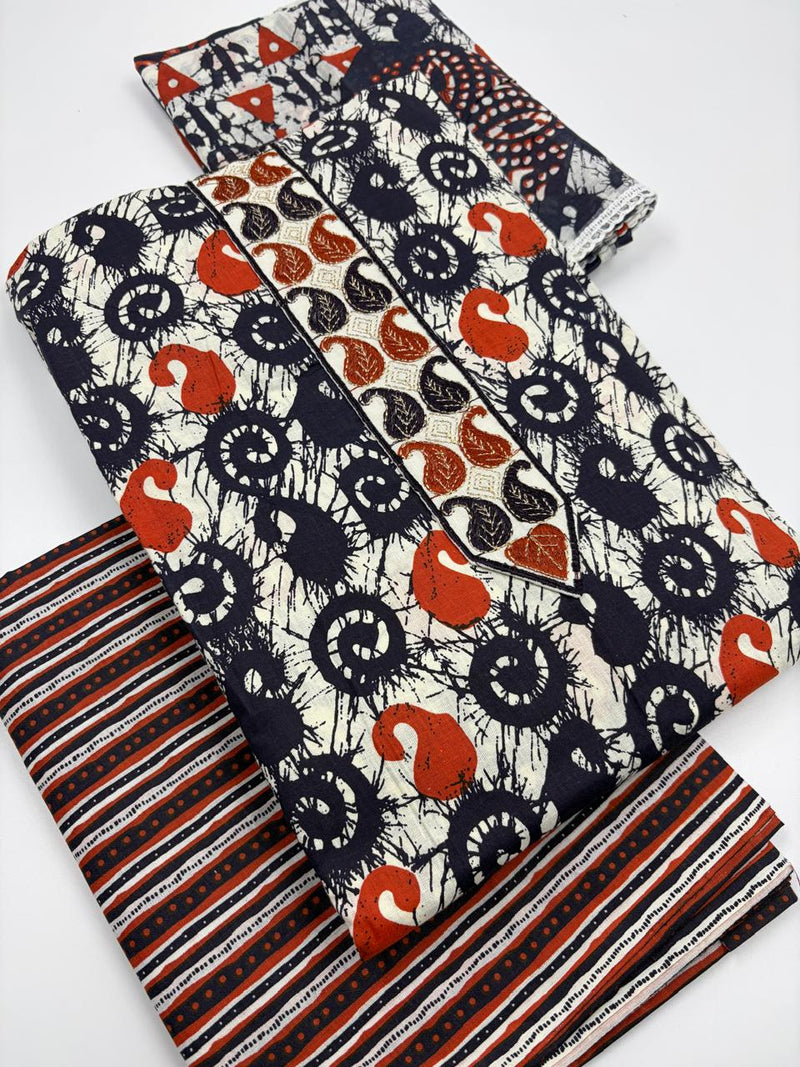 Morden Super Navy Blue Batik Printed Cotton Unstitched Suit Set with Dupatta