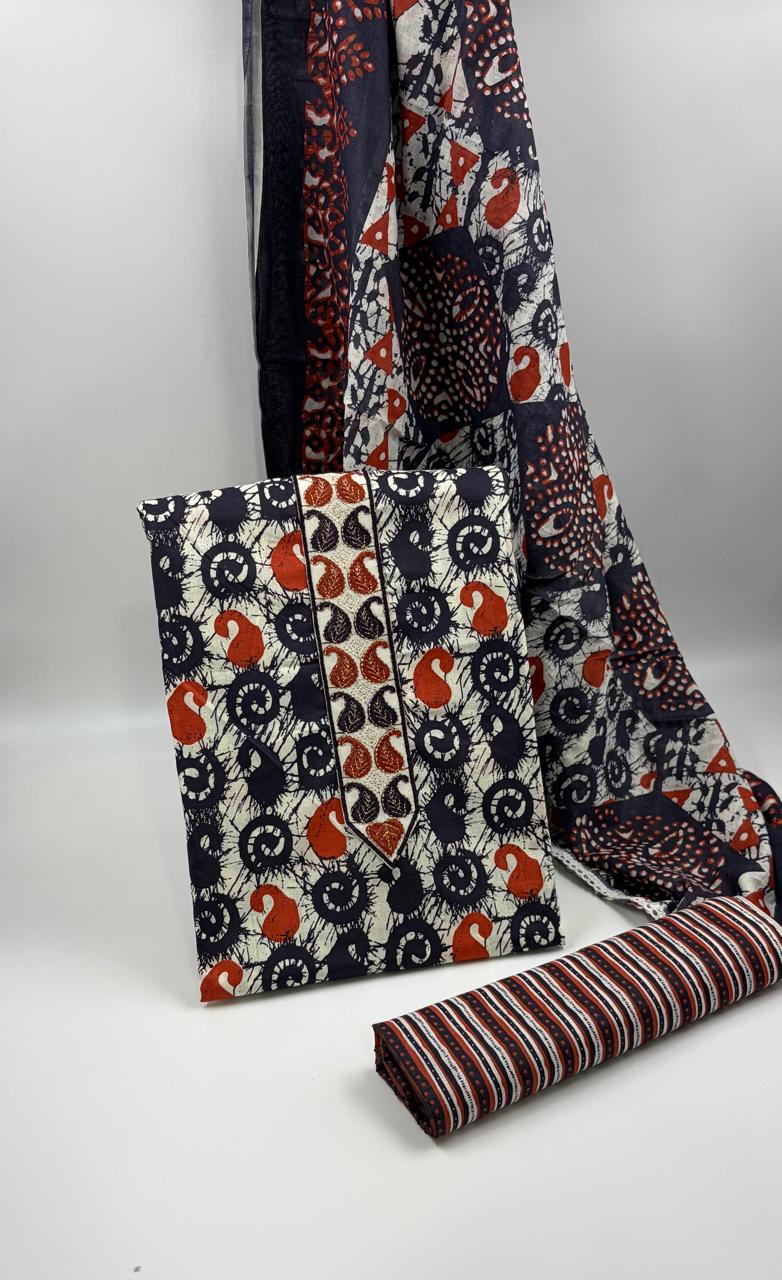 Morden Super Navy Blue Batik Printed Cotton Unstitched Suit Set with Dupatta