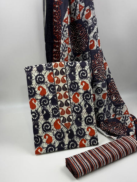 Morden Super Navy Blue Batik Printed Cotton Unstitched Suit Set with Dupatta