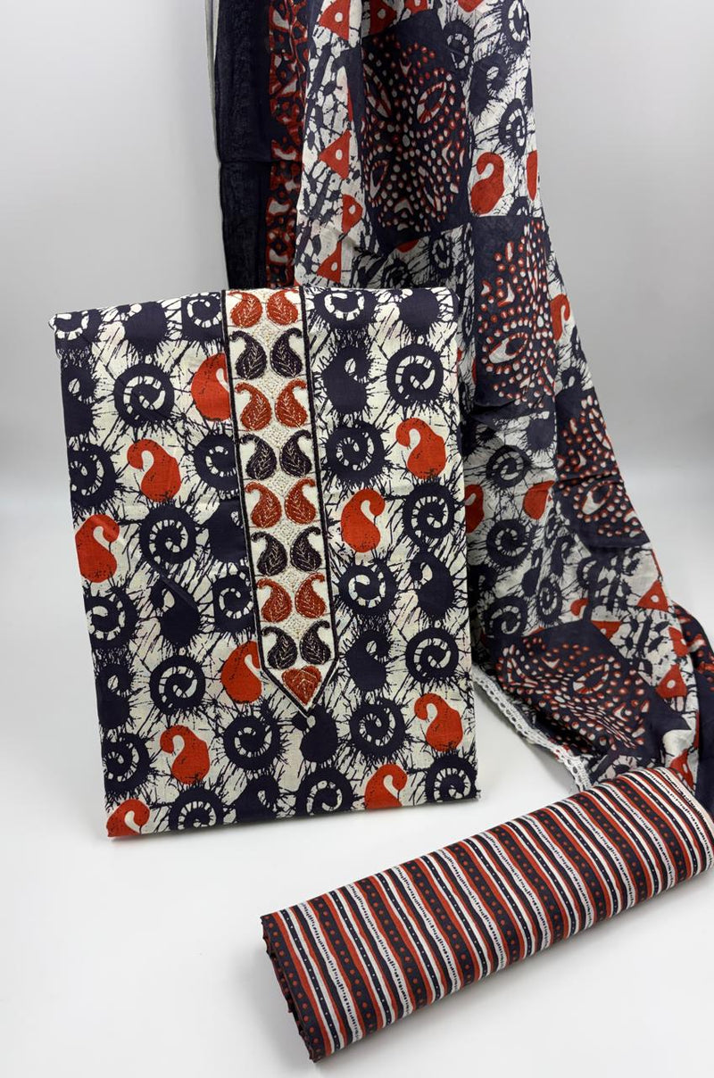 Morden Super Navy Blue Batik Printed Cotton Unstitched Suit Set with Dupatta
