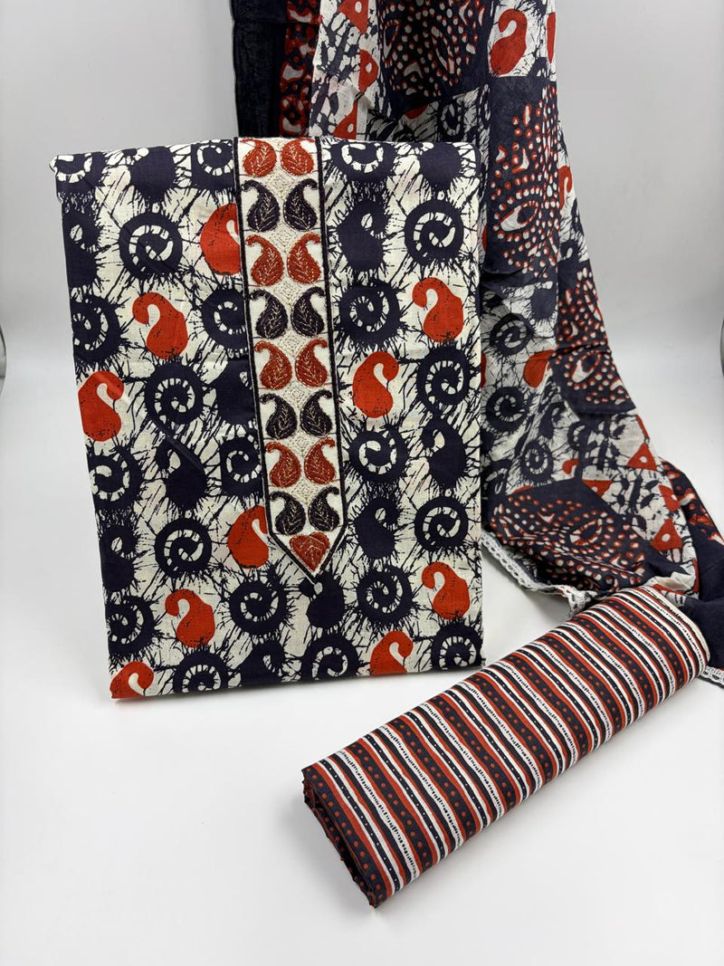 Morden Super Navy Blue Batik Printed Cotton Unstitched Suit Set with Dupatta