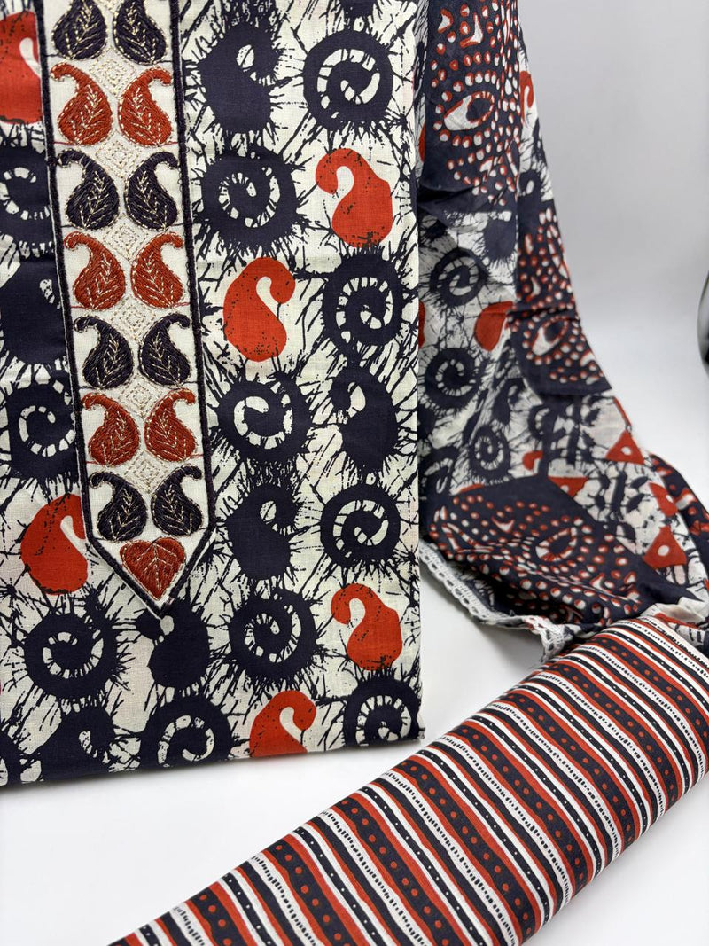 Morden Super Navy Blue Batik Printed Cotton Unstitched Suit Set with Dupatta