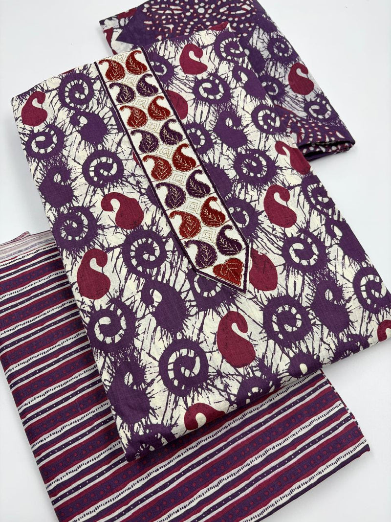 Morden Super Purple Batik Printed Cotton Unstitched Suit Set with Dupatta