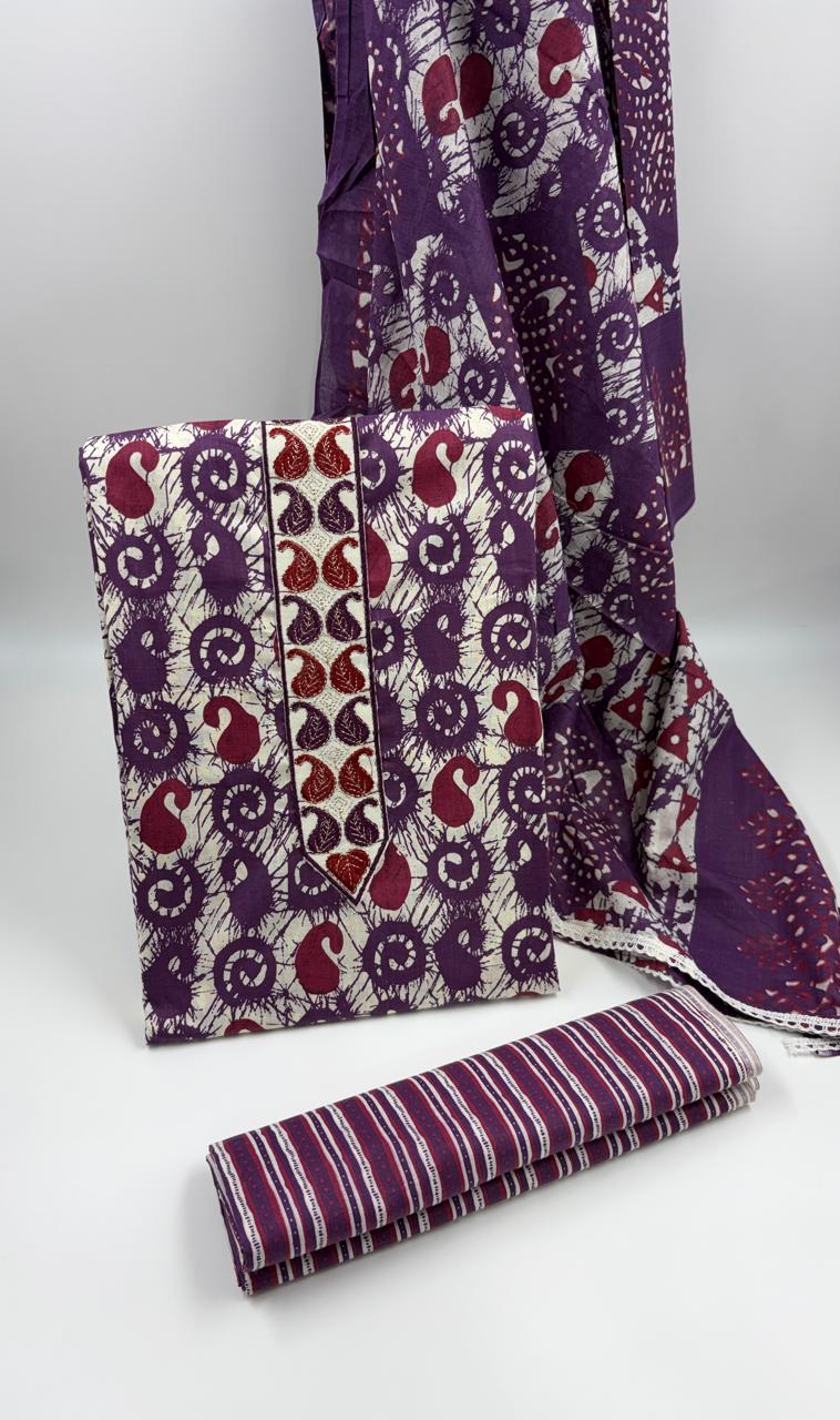 Morden Super Purple Batik Printed Cotton Unstitched Suit Set with Dupatta