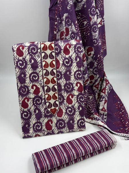 Morden Super Purple Batik Printed Cotton Unstitched Suit Set with Dupatta