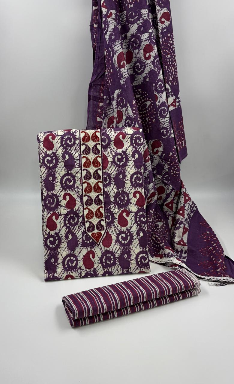 Morden Super Purple Batik Printed Cotton Unstitched Suit Set with Dupatta