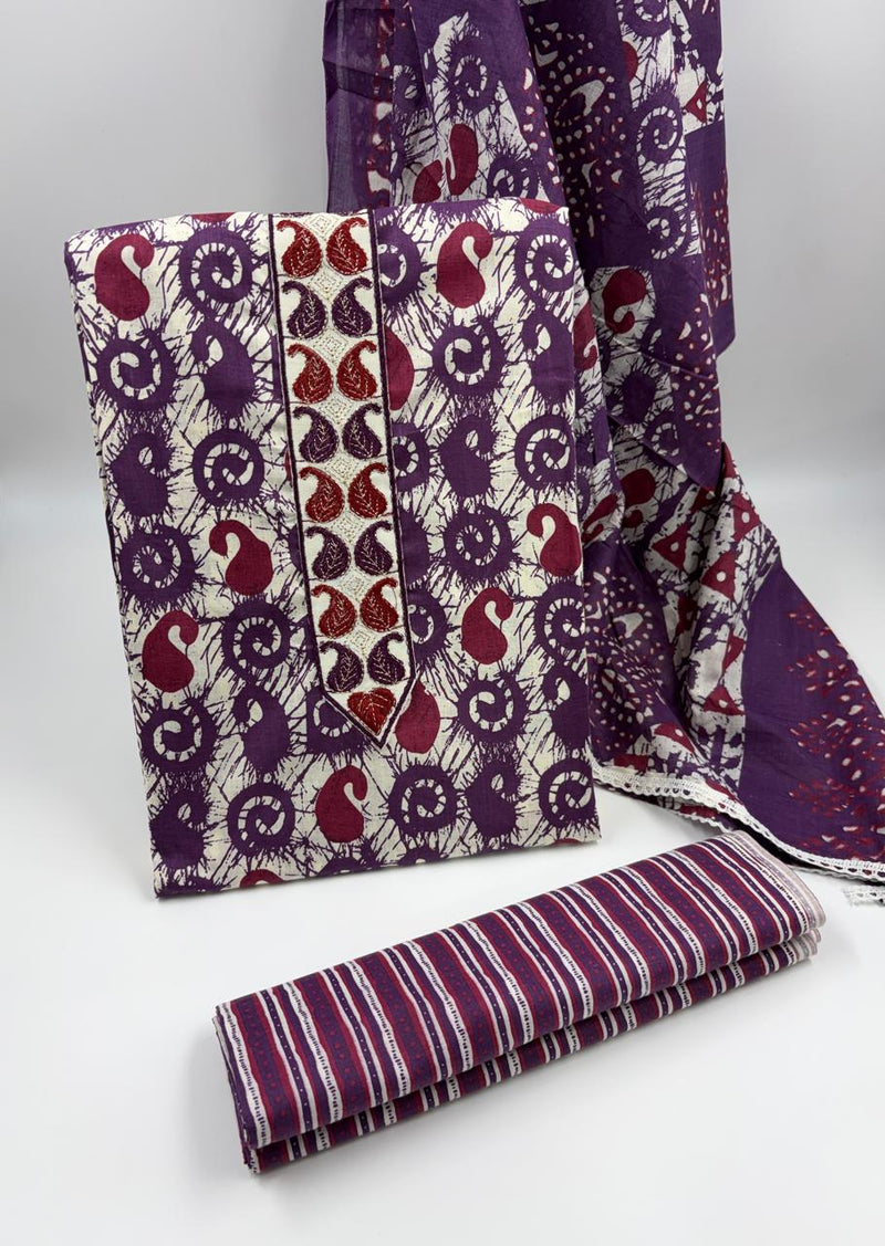 Morden Super Purple Batik Printed Cotton Unstitched Suit Set with Dupatta