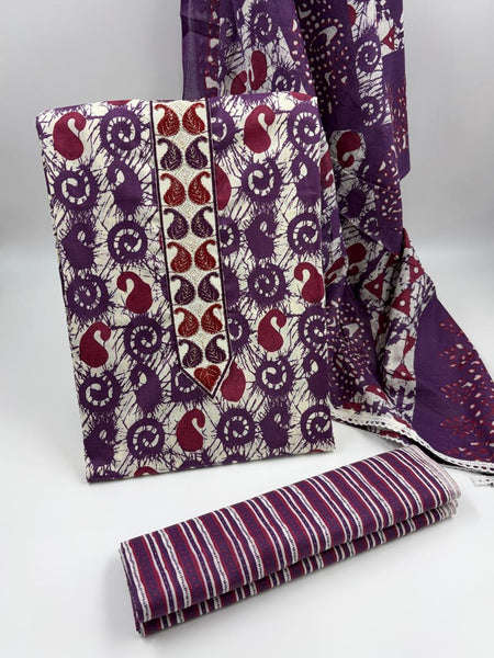 Morden Super Purple Batik Printed Cotton Unstitched Suit Set with Dupatta