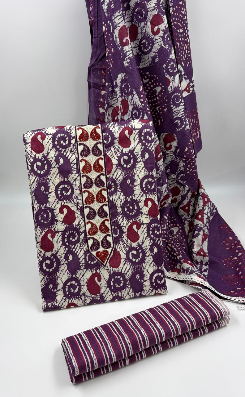 Morden Super Purple Batik Printed Cotton Unstitched Suit Set with Dupatta