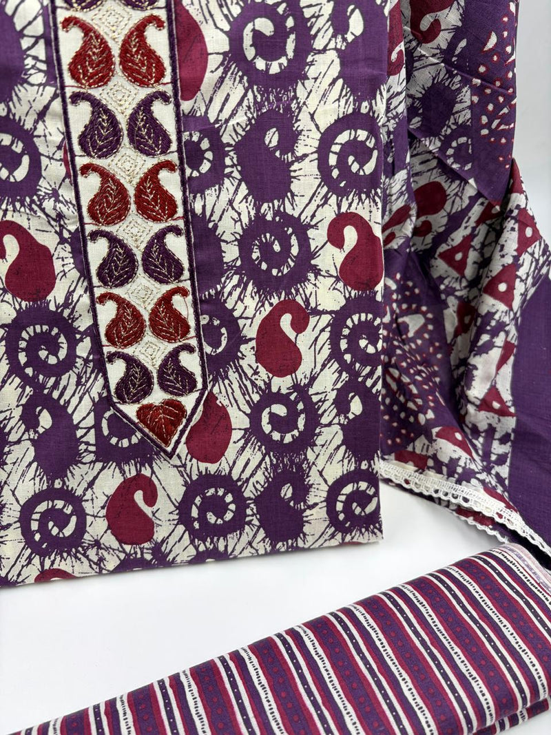 Morden Super Purple Batik Printed Cotton Unstitched Suit Set with Dupatta