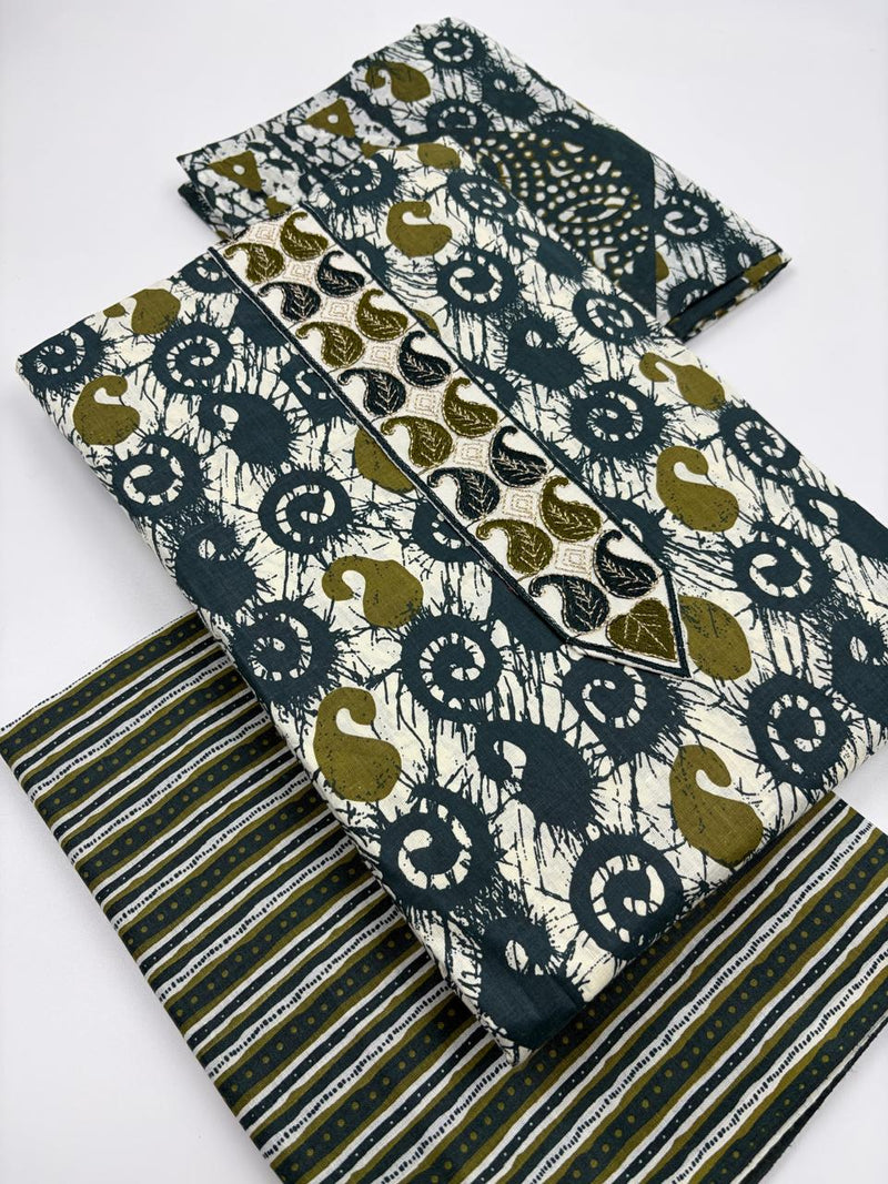 Morden Super Teal Green Batik Printed Cotton Unstitched Suit Set with Dupatta