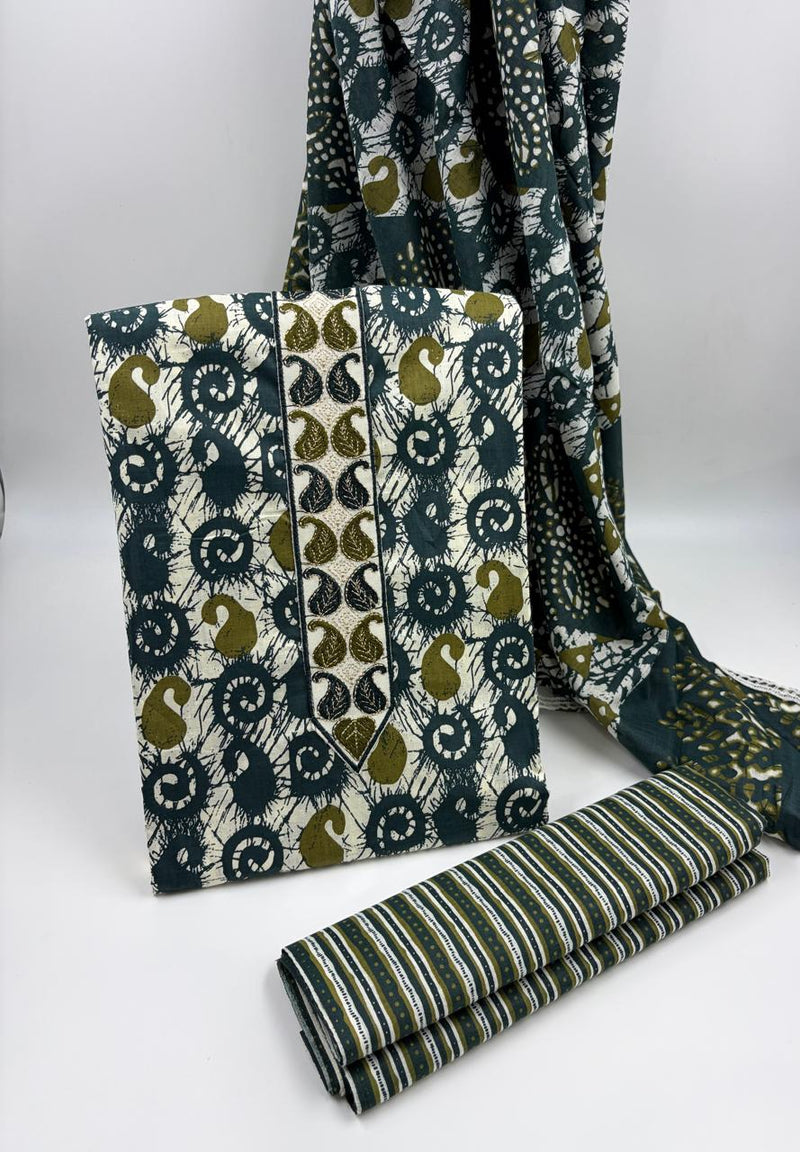 Morden Super Teal Green Batik Printed Cotton Unstitched Suit Set with Dupatta