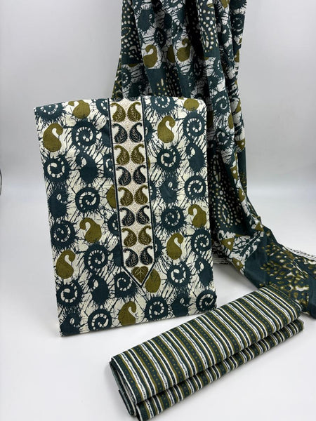 Morden Super Teal Green Batik Printed Cotton Unstitched Suit Set with Dupatta