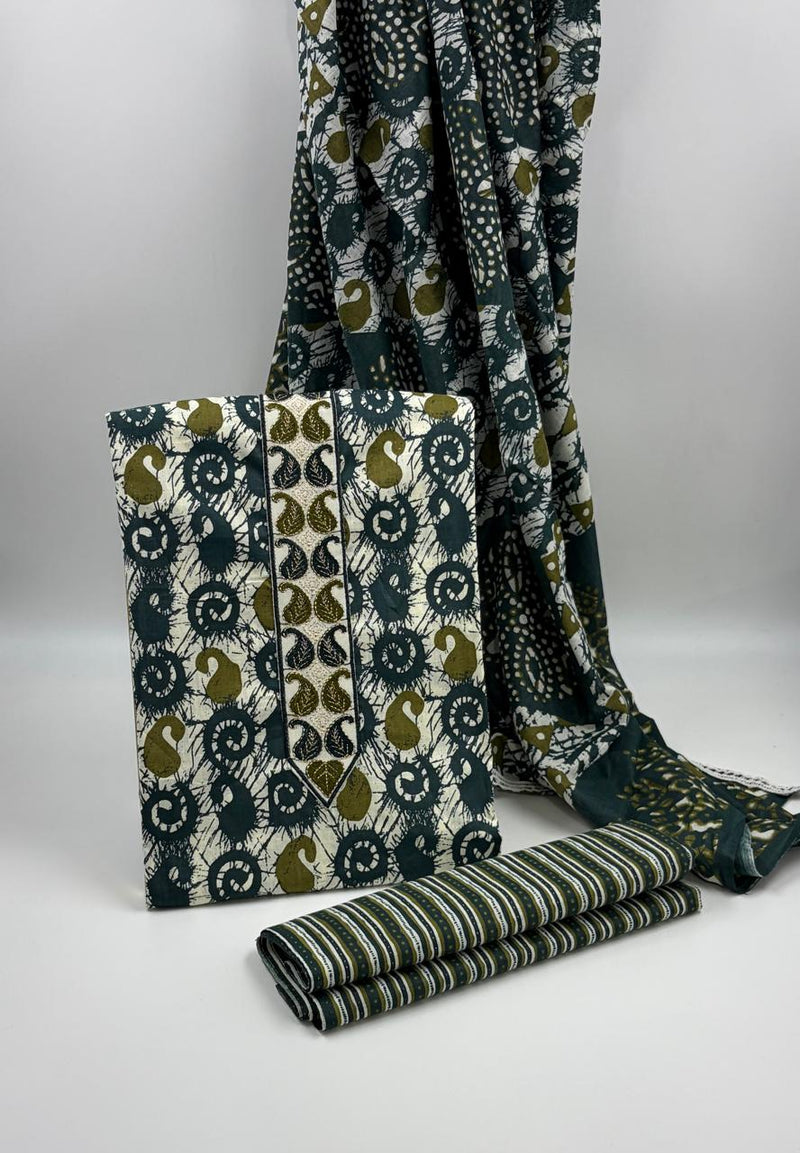 Morden Super Teal Green Batik Printed Cotton Unstitched Suit Set with Dupatta