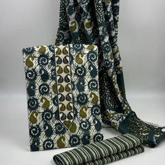 Morden Super Teal Green Batik Printed Cotton Unstitched Suit Set with Dupatta