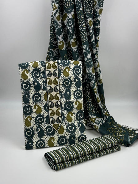Morden Super Teal Green Batik Printed Cotton Unstitched Suit Set with Dupatta