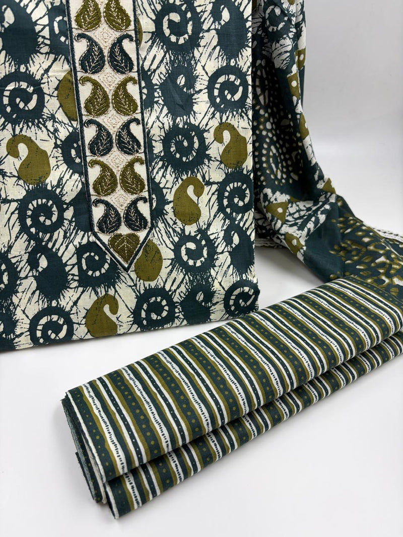 Morden Super Teal Green Batik Printed Cotton Unstitched Suit Set with Dupatta