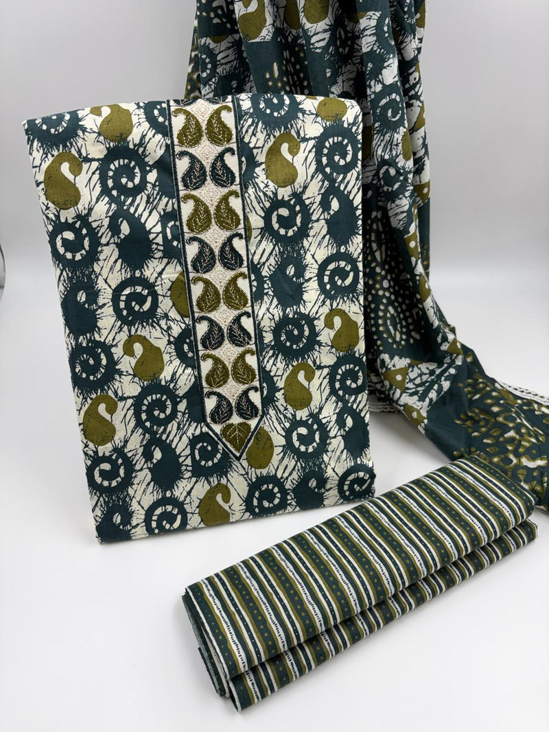 Morden Super Teal Green Batik Printed Cotton Unstitched Suit Set with Dupatta