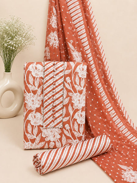 Morden Super Rust Floral Printed Cotton Kurta Set with Striped Pants & Dupatta