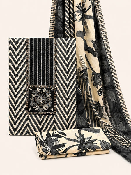 Morden Super Black & Beige Printed Dress Material with Chevron Pattern and Floral Dupatta
