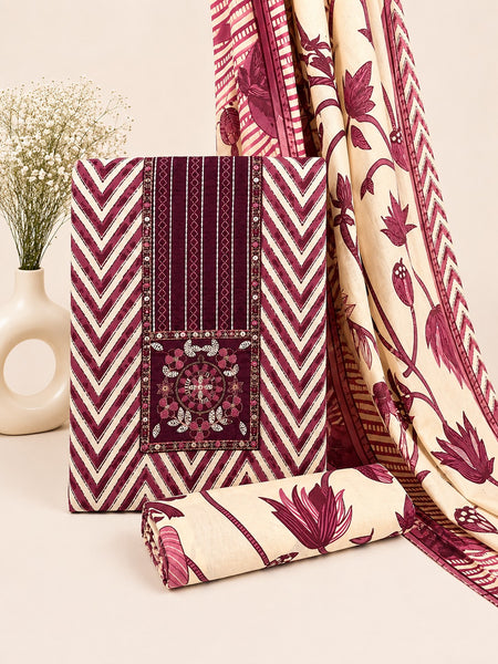 Morden Super Maroon & Beige Printed Dress Material with Floral Motifs and Chevron Design