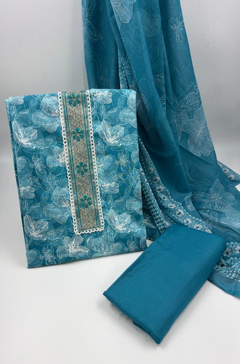 Morden Super Teal Blue Floral Printed Cotton Kurta Set with Embroidered Neck Panel & Dupatta