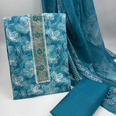 Morden Super Teal Blue Floral Printed Cotton Kurta Set with Embroidered Neck Panel & Dupatta