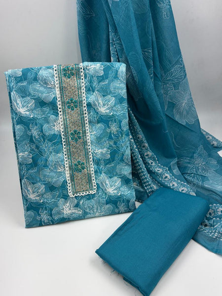 Morden Super Teal Blue Floral Printed Cotton Kurta Set with Embroidered Neck Panel & Dupatta