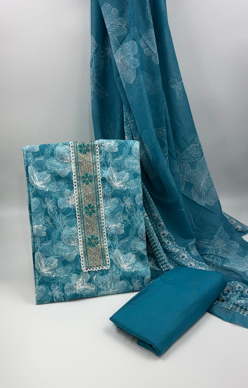 Morden Super Teal Blue Floral Printed Cotton Kurta Set with Embroidered Neck Panel & Dupatta