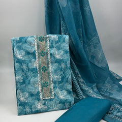 Morden Super Teal Blue Floral Printed Cotton Kurta Set with Embroidered Neck Panel & Dupatta